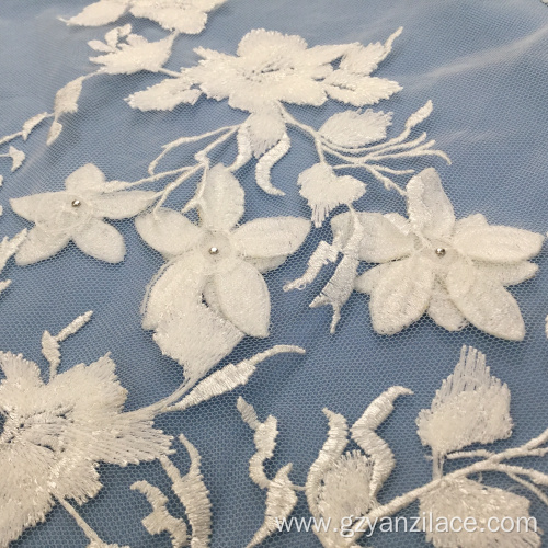 Off White 3D Flower Embroidery Tulle Lace